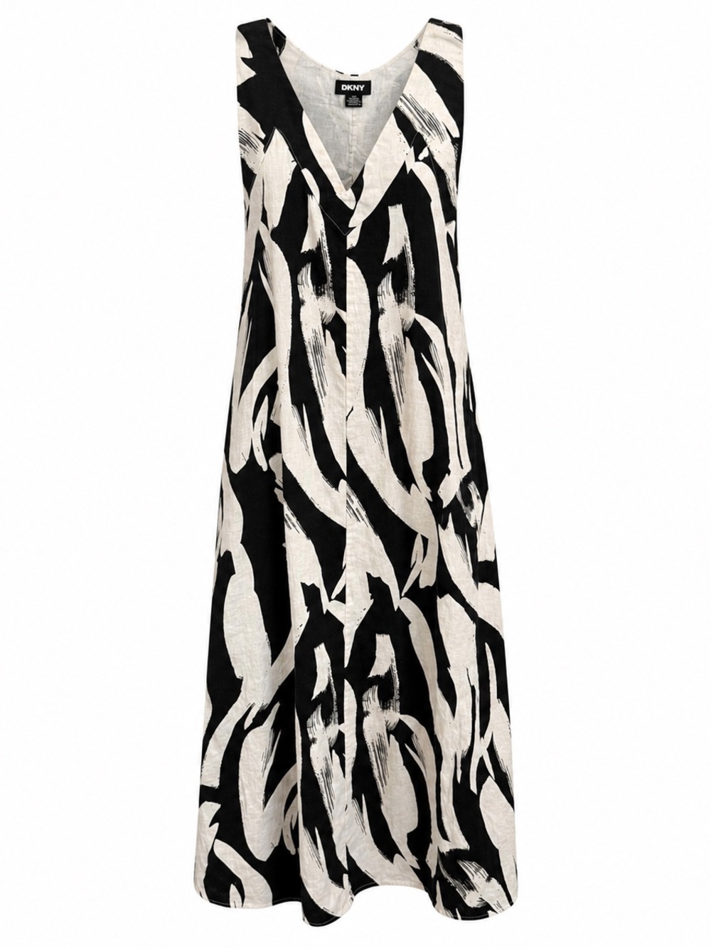 DKNY Women’s Black & Cream Abstract Linen Blend Sleeveless Maxi Dress M